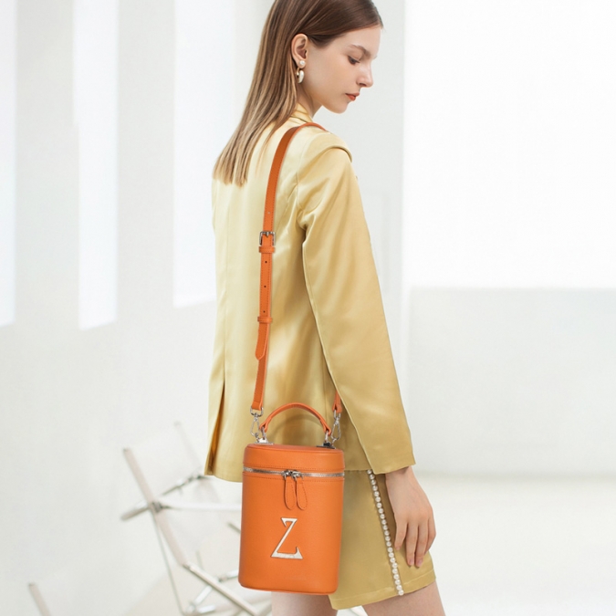 2021 사용자 정의 로고가 있는 여성용 오렌지 컬러 정품 가죽 버킷 백 